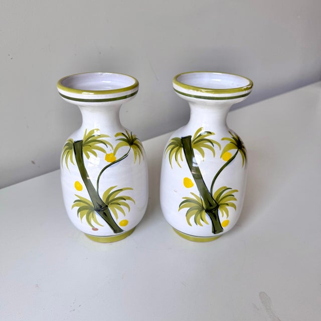 Vintage pair of bamboo painted Italian pottery vases.