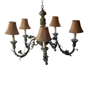 Early 20th Century Iron Oak Leaf Metal & Wood Five Arm Chandelier With Burlap Shades