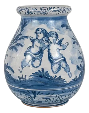 Blue and White Cherubs and Landscape Vase attributed to Ernani, Albisola, Italy, 1940s