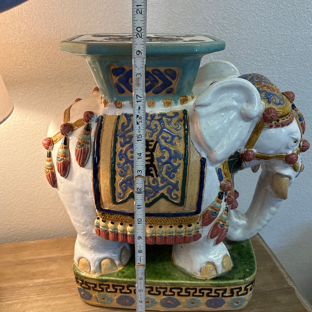 White 1970s Holly Wood Regency Style Ceramic Elephant Garden Stool For Sale - Image 8 of 12