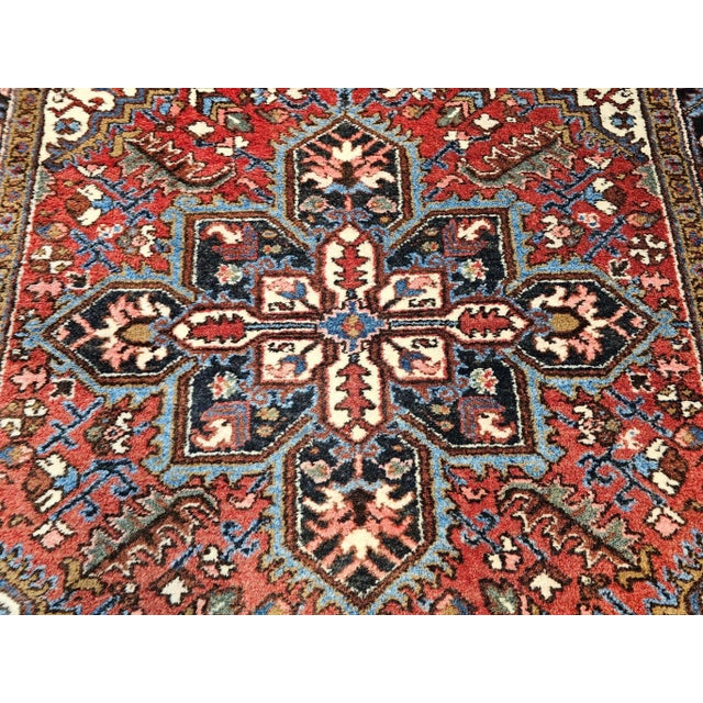 Vintage Heriz Area Rug, Handwoven Geometric Pattern, Red & Navy, 5’ X 7’ For Sale - Image 9 of 11