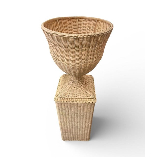 Wood Pair of Monumental Woven Rattan Urns on Pedestals For Sale - Image 7 of 10