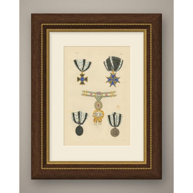 This is an original antique wood engraving, colored by hand, showing decorations of Prussia. At upper left a black cross...