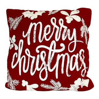 1990s Vintage Arts & Crafts Embroidered Merry Christmas Pillow. For Sale