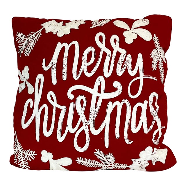 1990s Vintage Arts & Crafts Embroidered Merry Christmas Pillow. For Sale