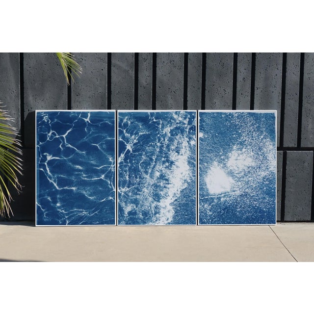 This is an exclusive handprinted limited edition cyanotype. This beautiful triptych is called "Pleasant Waters in Tulum...