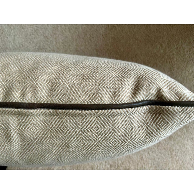 Traditional Custom Beige Wool Twill Pillow-Leather Trim-Feather Insert-20" For Sale - Image 3 of 8