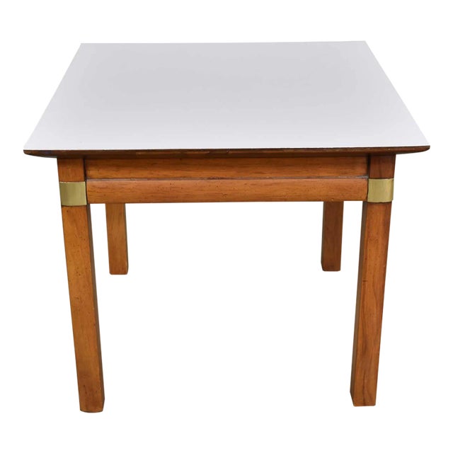 Campaign Style Square Side Table With White Laminate Top by Hickory Furniture Mfg. For Sale