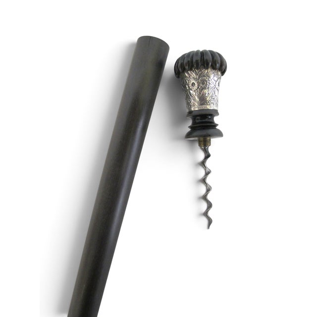 Horn & Sterling Silver Repousse Flower Corkscrew Gadget Walking Stick Cane For Sale - Image 4 of 13