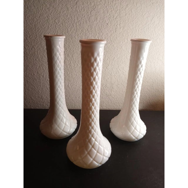 Vintage Hoosier Milk Glass Quilted Diamond Pattern Decorative Vases- Set of 3 For Sale In Dallas - Image 6 of 6