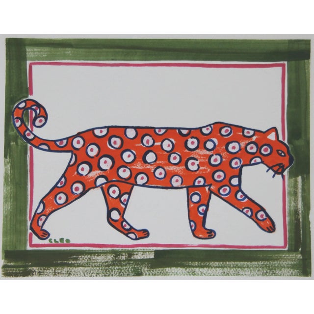 Orange Leopard Folk Art Americana Green Border Expressionist Original Painting by Cleo Plowden For Sale - Image 6 of 6