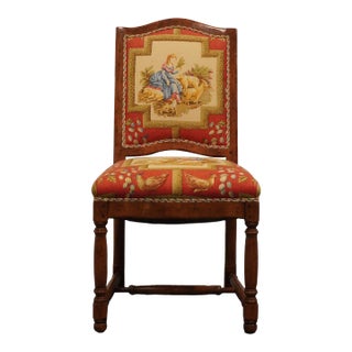 Sterling Collection English Traditional Tudor Style Dining Side Chair W. Shepherdess Theme Upholstery For Sale