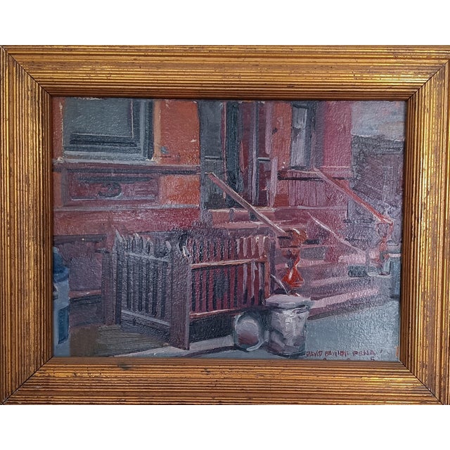 Taking inspiration from the Ashcan School of artists, this framed original oil painting by David Beynon Pena depicts a...