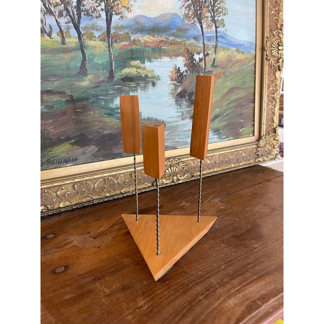 Brown Mid-Century Modern Possibly Teak and Twisted Metal Triple Candle Holder With Geometric Base For Sale - Image 8 of 10