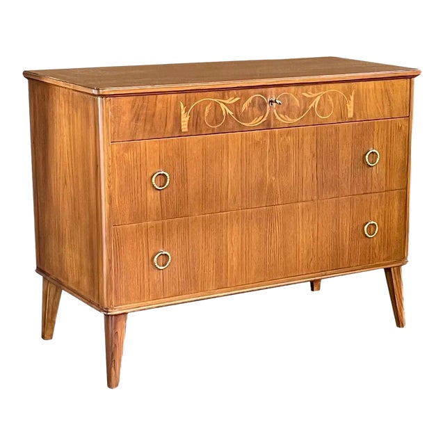 1950s Mid-Century Modern Marquetry Inlaid Birch Chest of Drawers For Sale