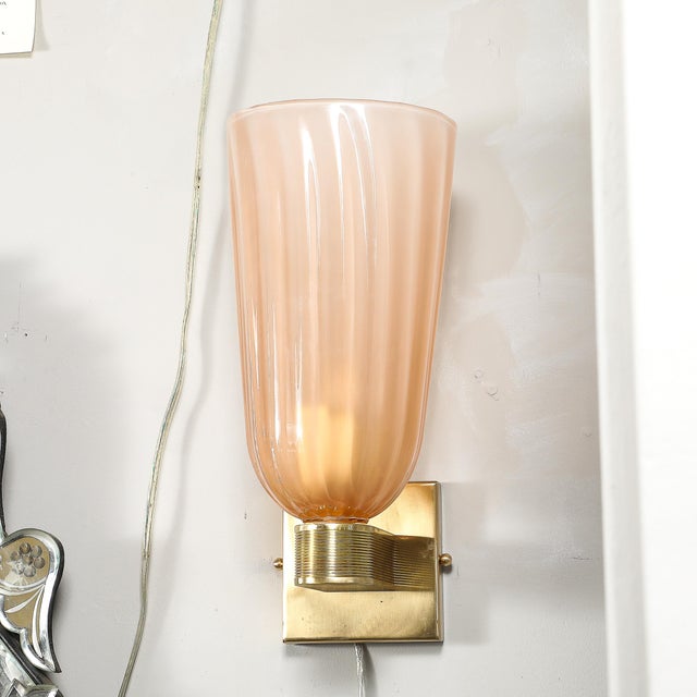 Modernist Hand-Blown Smoked Rose Murano Fluted Glass Sconces With Brass Fittings For Sale - Image 14 of 17