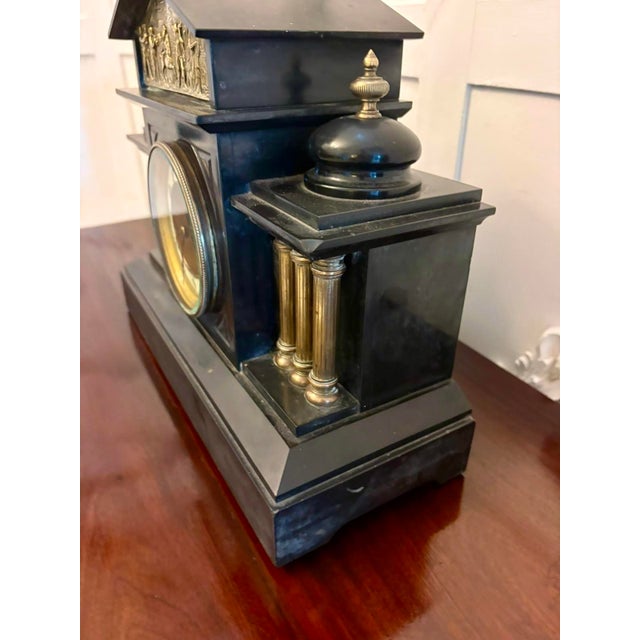 Metal Antique French Architectural Mantel Clock in Black Marble and Gilt Brass, 1880 For Sale - Image 7 of 13