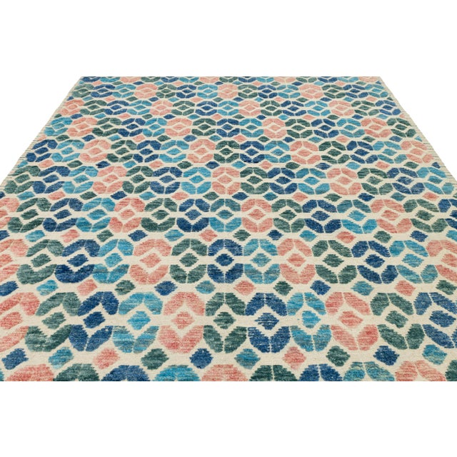 Modern Geometric Tulu Style Hand-Knotted Wool Area Rug in Terracotta and Blue For Sale - Image 10 of 11