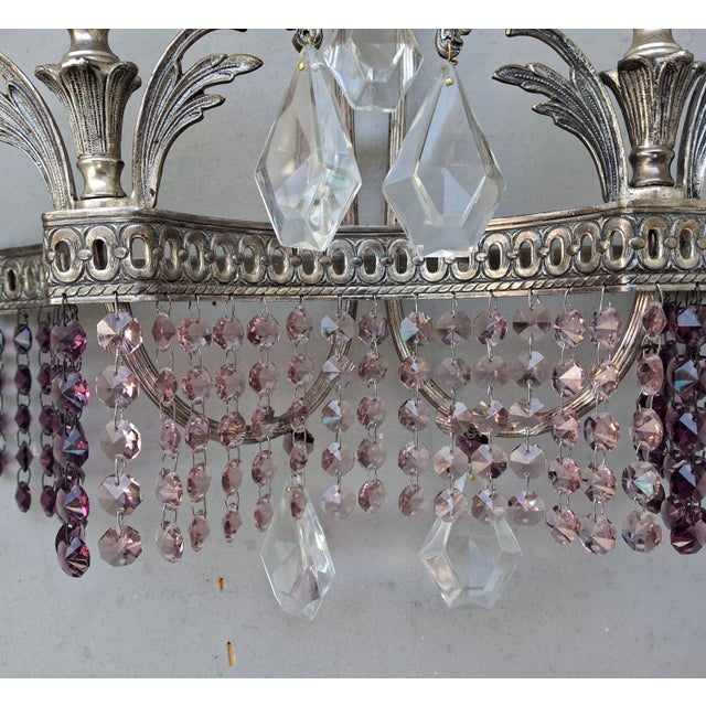 1940's Hollywood Regency Silvered Metal With Amethyst & Pink Cut Austrian Crystal Waterfall Wall Sconces a - Pair For Sale - Image 12 of 18