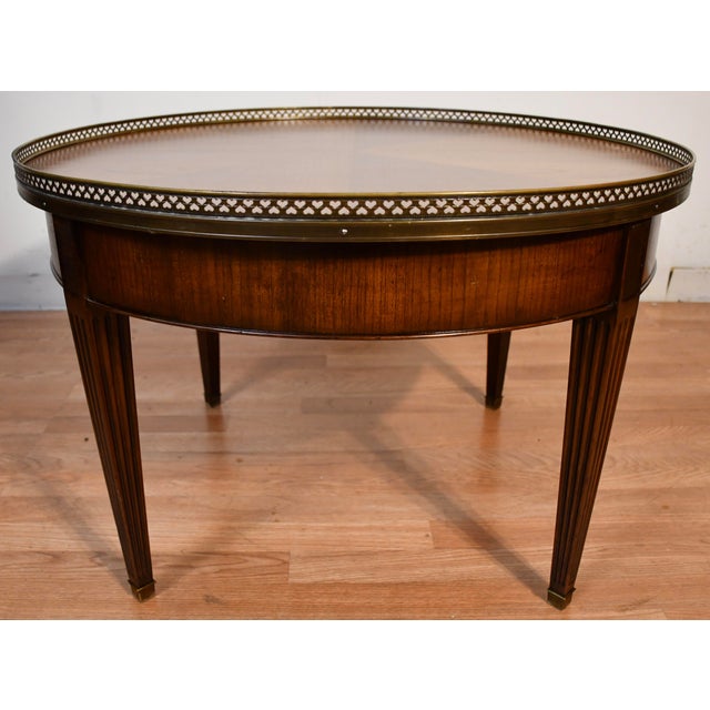 French 1930s French Louis XVI Style Walnut Coffee Accent Table Brass Gallery Railing For Sale - Image 3 of 14