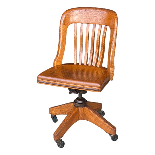 Antique B.L.Marble Chair Co. Golden Oak Swivel Desk Chair | Quarter-Sawn Oak Banker’s Chair | Early American Library & Office Chair For Sale