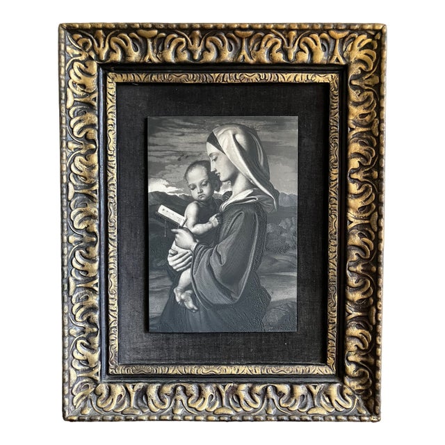Antique Italian Renaissance Style Madonna and Child Gilt Frame Engraving For Sale