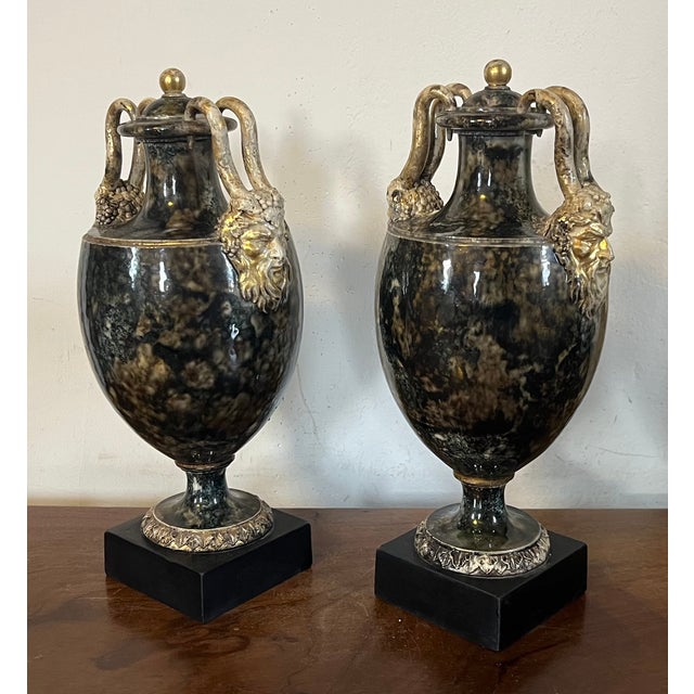 Antique 18th Century George III Wedgwood & Bentley Creamware Urns or Mantel Vases With Faux Stone Glaze & Satyr Mask Handles Circa 1780 - A Pair For Sale - Image 13 of 18