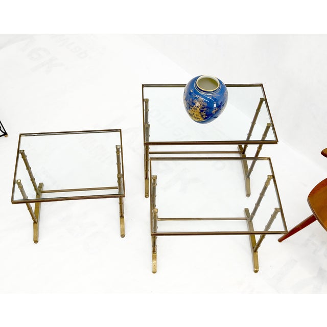 Set of MCM Solid Brass Faux Bamboo Glass Top Nesting Side End Tables Stands For Sale - Image 14 of 15