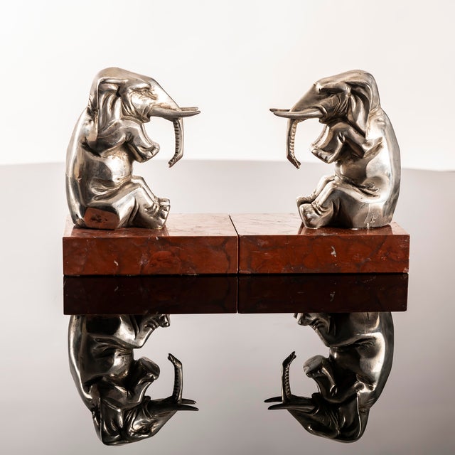 Art Deco Bookends with Elephants in Silver-Plated Metal and Rouge Royal Marble, 1930, Set of 2 For Sale - Image 10 of 12