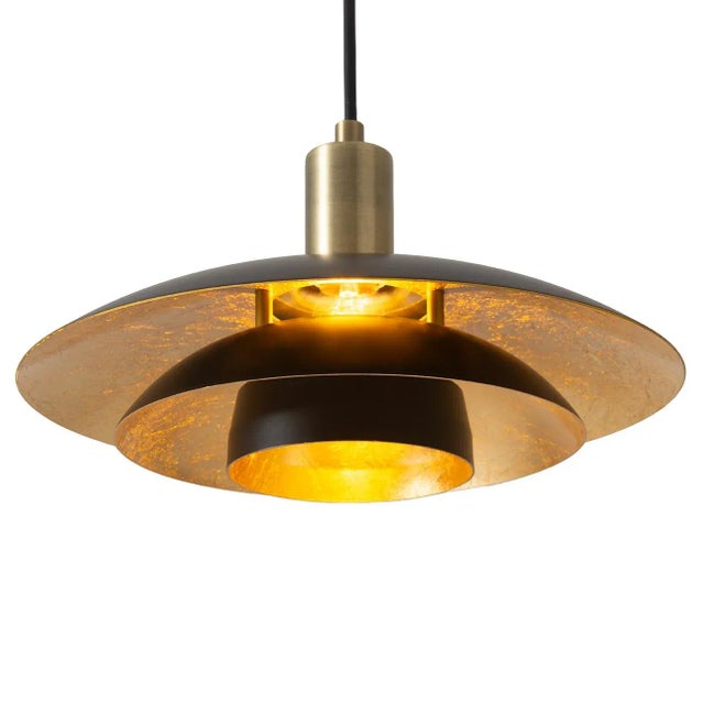 1960s Nova of California Rancho Mirage Small Pendant Light - Matte Black & Gold-Leaf Shade, Weathered Brass For Sale - Image 5 of 12
