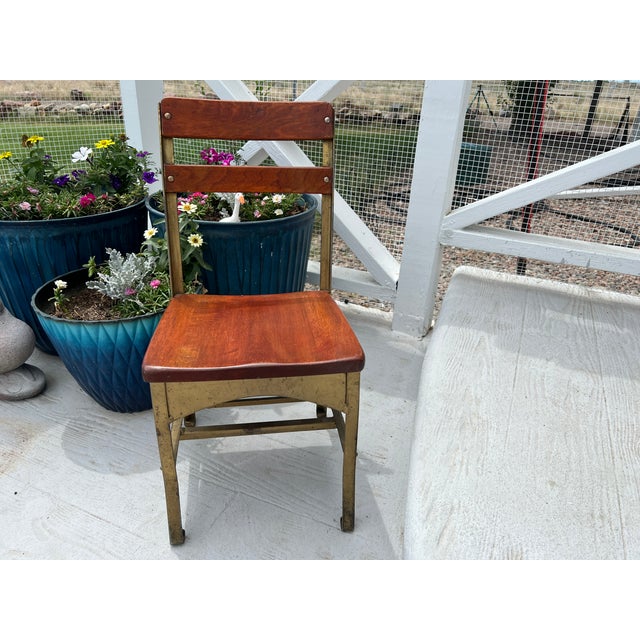 Rustic Restored 1900s Antique Child's School Chair Gold Painted Metal With Red Mahogany Colored Stained Wood Seat & Back Wooden Kindergarten Chair For Sale - Image 3 of 18