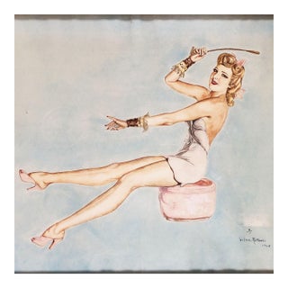 "Lady on Ottoman" Wood Framed Pinup Painting by Wilma Raffaelli, 1948. For Sale