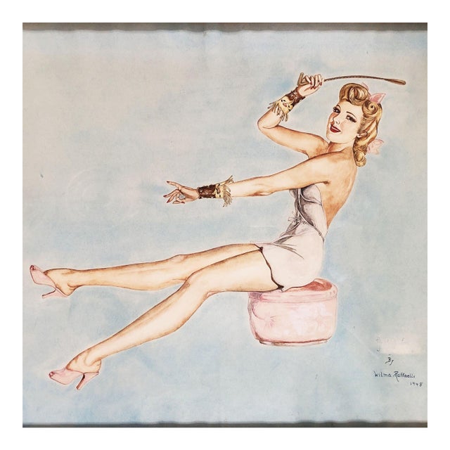 "Lady on Ottoman" Wood Framed Pinup Painting by Wilma Raffaelli, 1948. For Sale