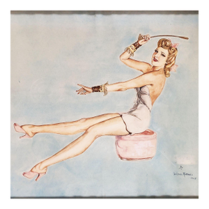 "Lady on Ottoman" Wood Framed Pinup Painting by Wilma Raffaelli, 1948.