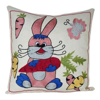 Embroidered Bunny Pillow Cover – Cute Rabbit & Carrot Nursery Cushion For Sale