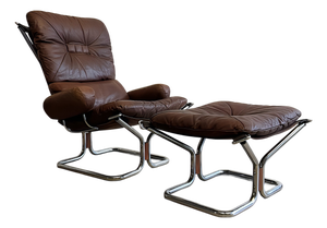 Set of Vintage Leather Lounge Chair and Ottoman by Harald Relling for Westnofa, 1970s, Set of 2