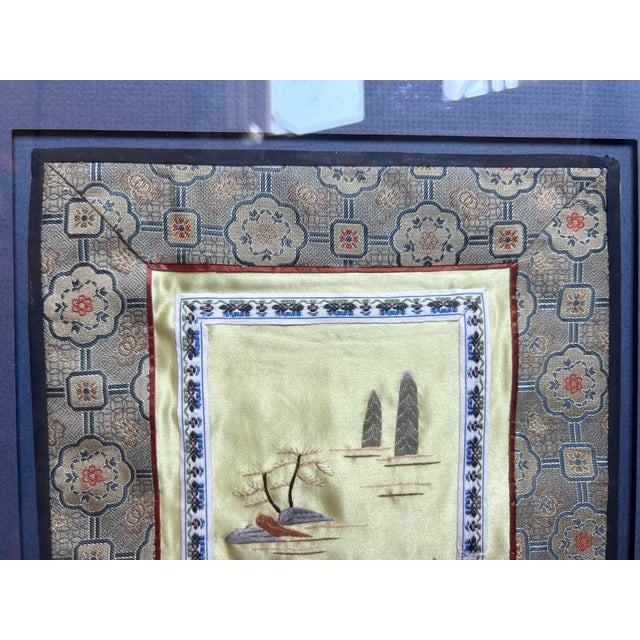 Late 20th Century Chinese Silk Embroidery Panel Framed in Faux Bamboo - School of Tientsin Design L For Sale - Image 15 of 17