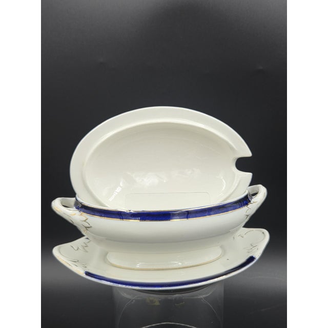 Mid 20th Century Large English Gravy Boat With Cobalt Blue Stripe For Sale - Image 14 of 18