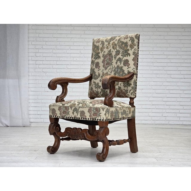 Scandinavian Highback Armchair in Patterned Fabric and Hand-Carved Oak, 1950s For Sale - Image 16 of 18