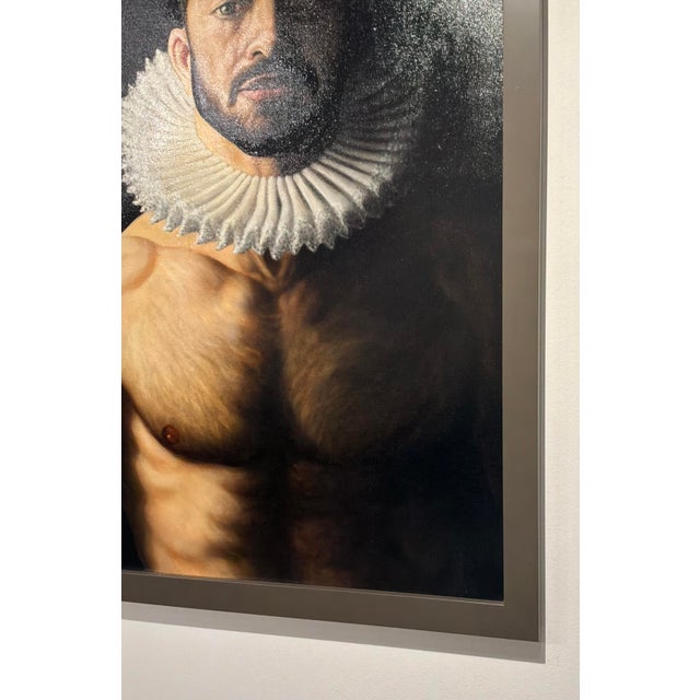 Handsome Painting of a Man in an Elizabethan Collar by Brad Erickson, gray wood frame, showroom floor sample