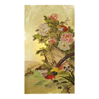 Luxury Hand Painted Gold Leaf Wallpaper With Phoenix Bird & Peony Floral Design, Oriental Chinoiserie Wall Mural, Custom Designer Wallcovering For Sale
