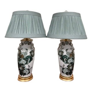 Pair of Vintage Mid Century Modern Japanese Kutani Hand Painted Table Lamps With Peacock, Flowers and Gold For Sale