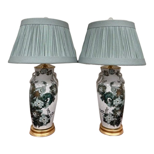 Pair of Vintage Mid Century Modern Japanese Kutani Hand Painted Table Lamps With Peacock, Flowers and Gold For Sale