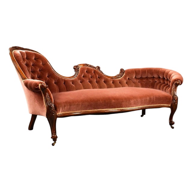 Victorian Carved Walnut Chaise Lounge Settee, 1860 For Sale