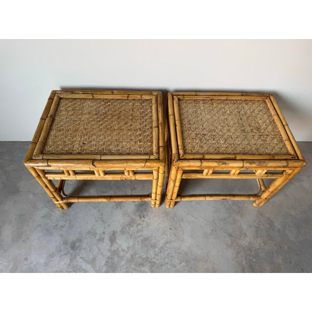 Boho Chic Pair of Vintage Coastal Boho Chic Bamboo Rattan Side Tables For Sale - Image 3 of 10