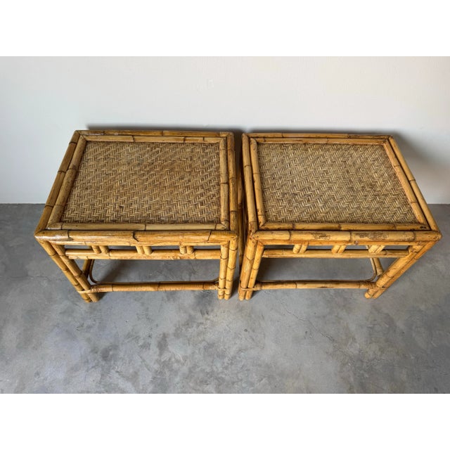 Boho Chic Pair of Vintage Coastal Boho Chic Bamboo Rattan Side Tables/ Sold For Sale - Image 3 of 10