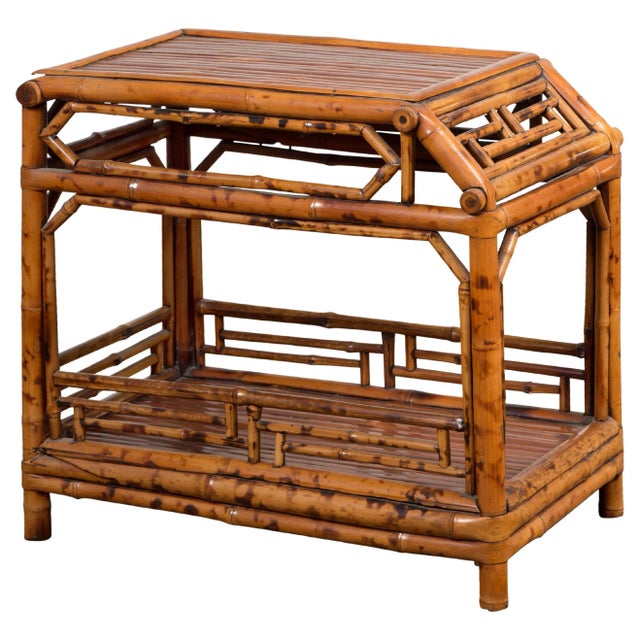 Chinese Vintage Bamboo Tiered Side Table with Slanted Front and Fretwork Motifs For Sale - Image 13 of 13