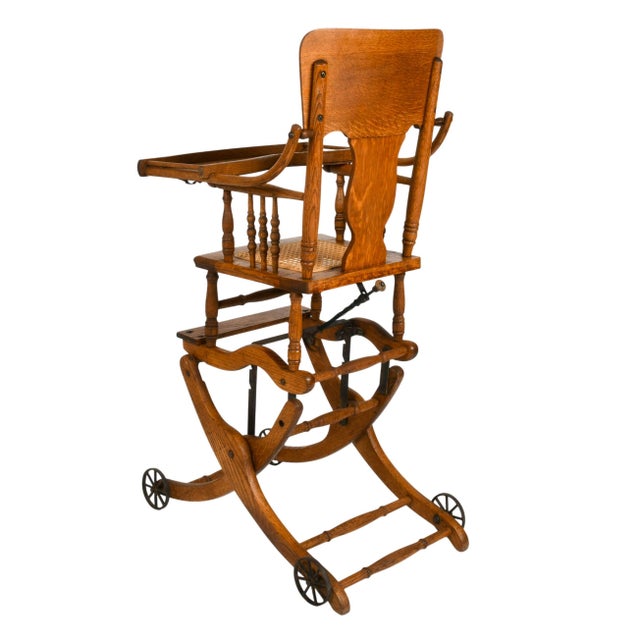 Victorian Antique Victorian Oak Convertible Highchair Stroller With Pressed Back For Sale - Image 3 of 9