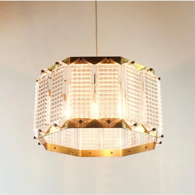 Metal Mid-Century Scandinavian Glass & Brass Ceiling Light by Wiktor Berndt for Flygsfors, Sweden, 1960s For Sale - Image 7 of 8