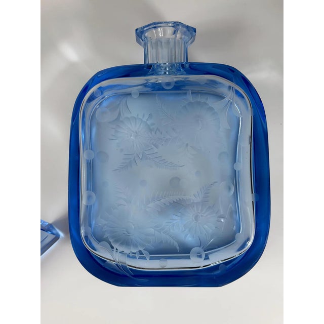 Blue Art Deco Czech Blue Glass Decanter with Hand-Engraved Floral Decoration, 1930s For Sale - Image 8 of 12
